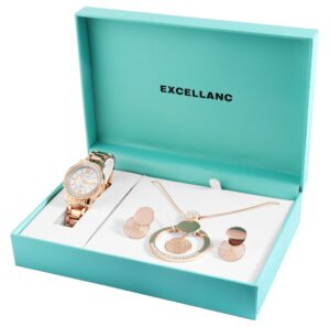 Uhrenset mit Armbanduhr + Kette + Ohrringe Damenuhr Metallarmband rose gold Strass