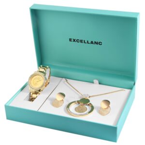 Uhrenset mit Armbanduhr + Kette + Ohrringe Damenuhr Metallarmband gold Strass